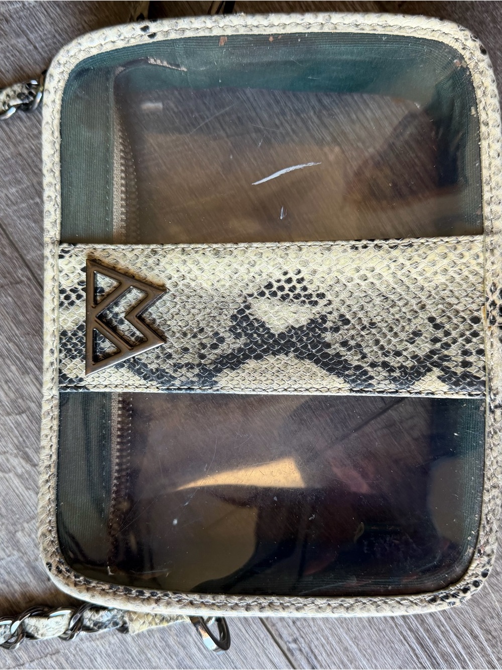 Clear Crossbody Bag with Snake-Print Trim and Metal Logo - Cream/Black